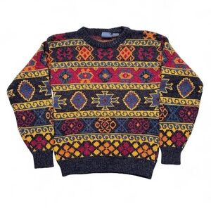 Vintage 1980s Multicolor Geometric Pattern Crewneck Sweater - Men M